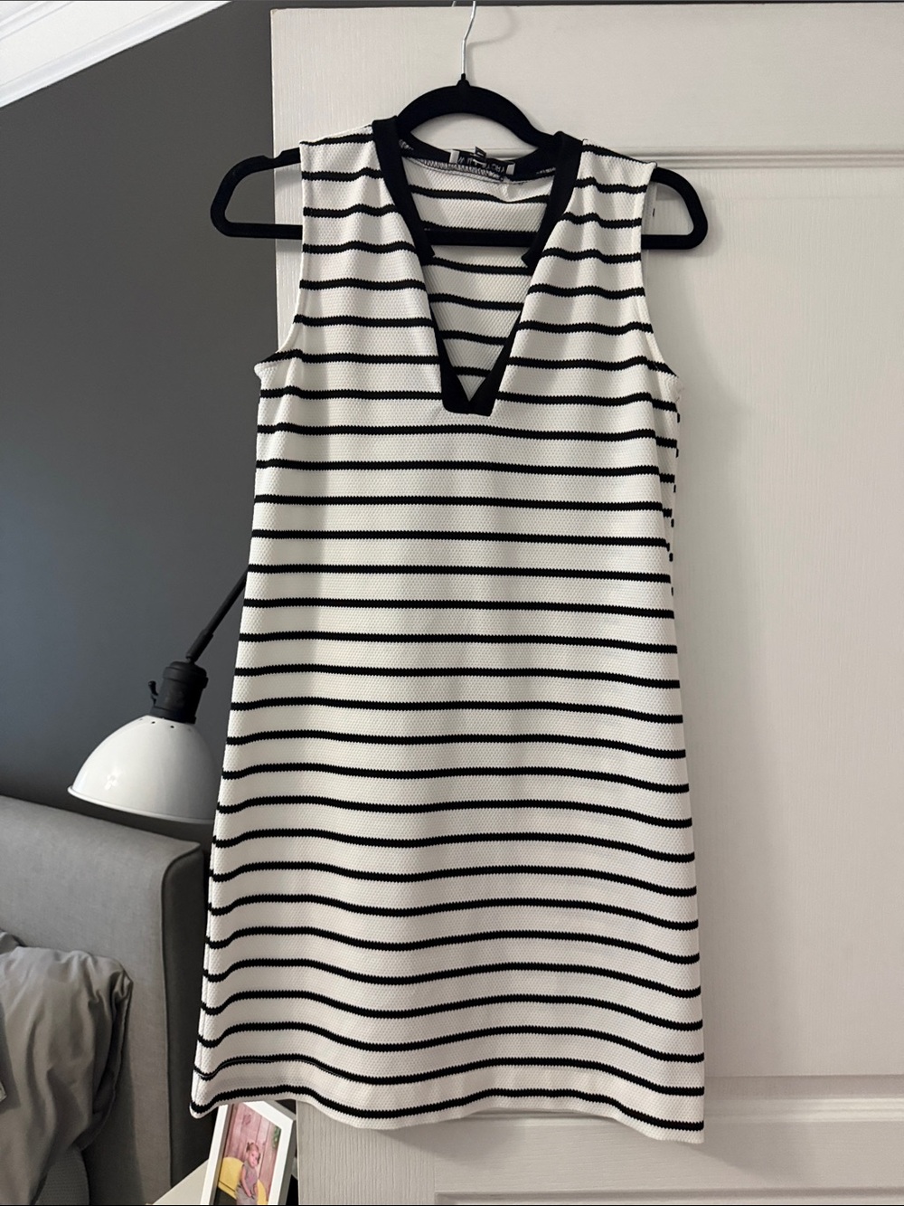 Sleeveless Black & White Striped V-Neck Mini Dress